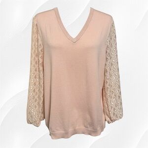 Adrianna Papell Pearl Blush Pink Heart Lace V-Neck Sweater ~ XL